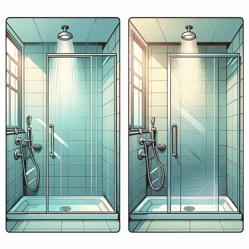 Side to side, a clear glass shower enclosure vs a low iron glass shower enclosure